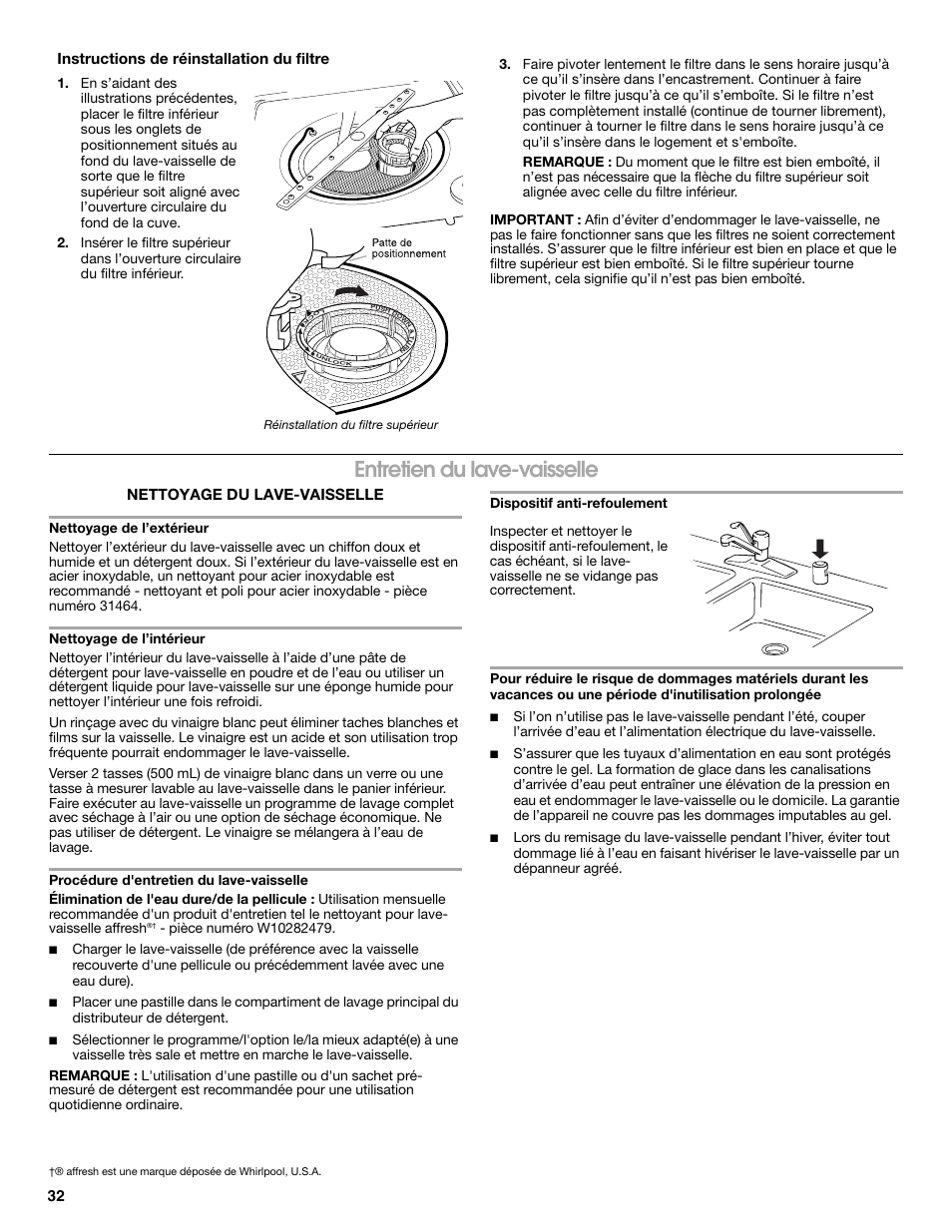 Entretien du lave-vaisselle, Nettoyage du lave-vaisselle, Instructions de réinstallation du filtre | Whirlpool WDP350PAAB User Manual | Page 32 / 36
