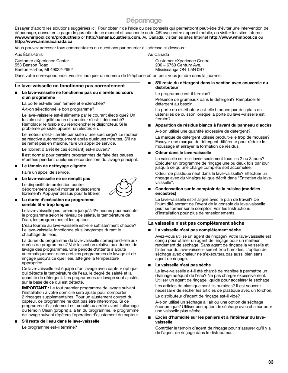 Dépannage | Whirlpool WDP350PAAB User Manual | Page 33 / 36