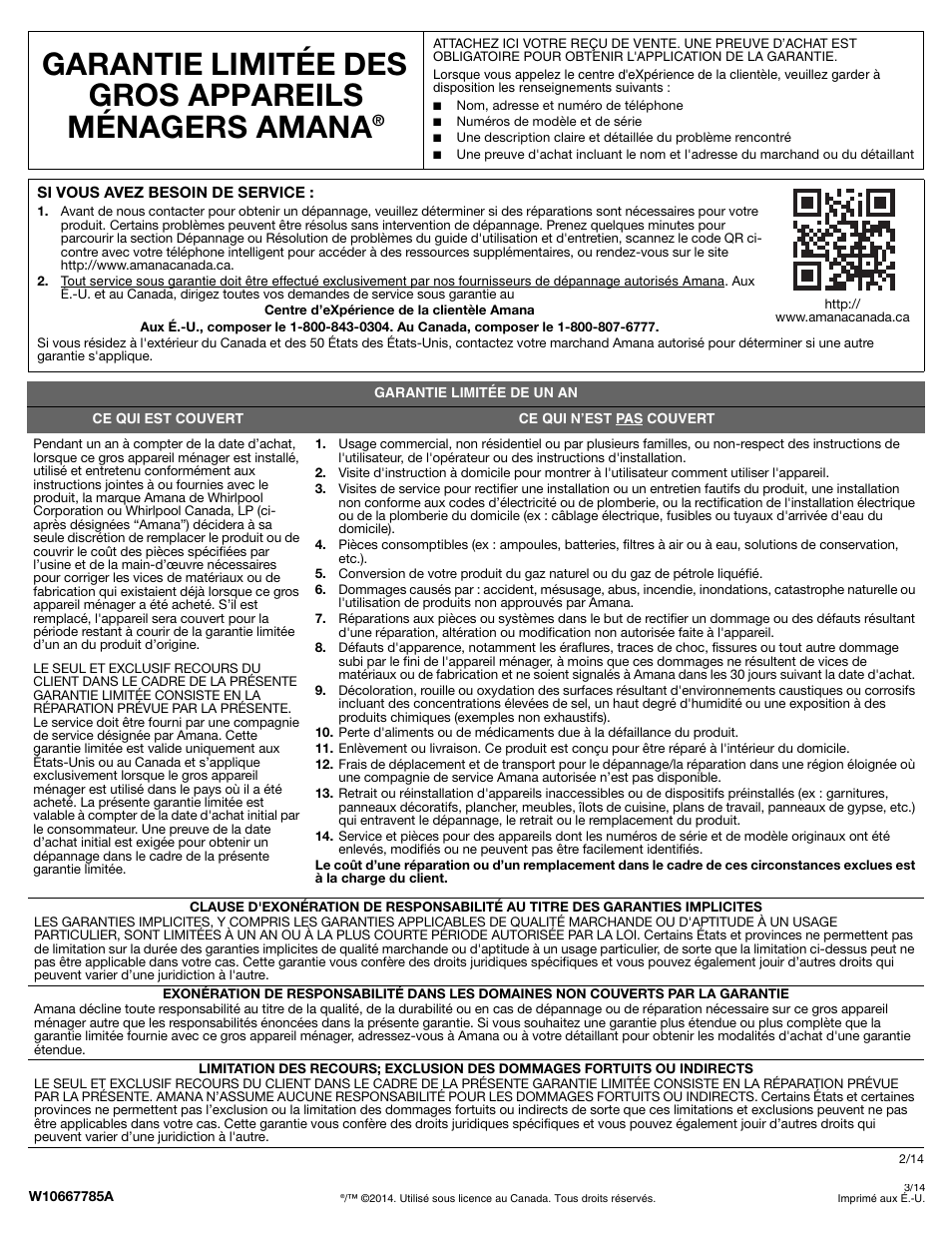 Garantie limitée des gros appareils ménagers amana | Whirlpool WDP350PAAB User Manual | Page 36 / 36