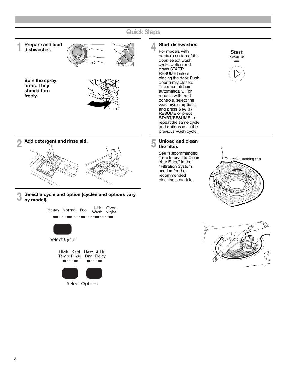 Quick steps | Whirlpool WDP350PAAB User Manual | Page 4 / 36