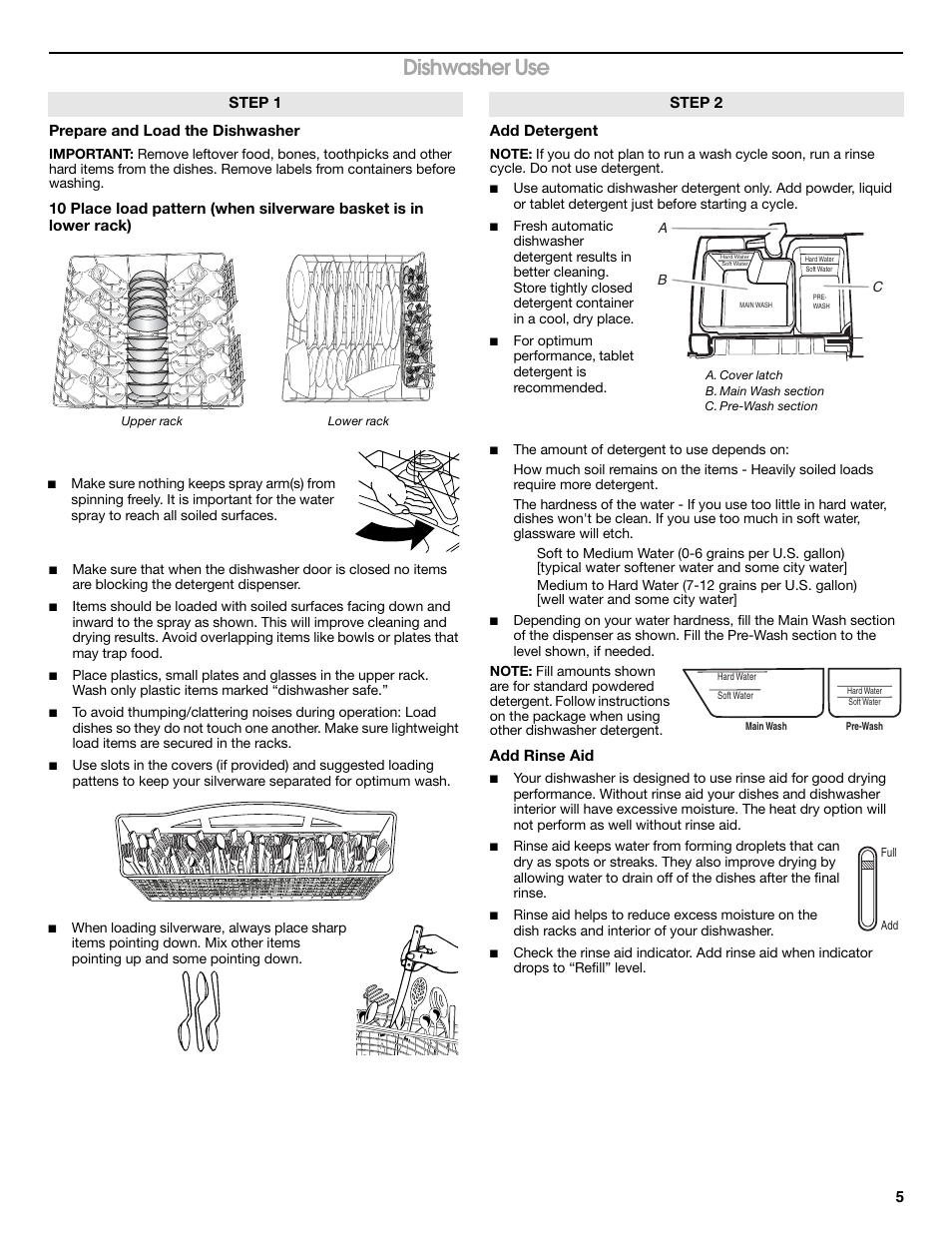 Dishwasher use | Whirlpool WDP350PAAB User Manual | Page 5 / 36