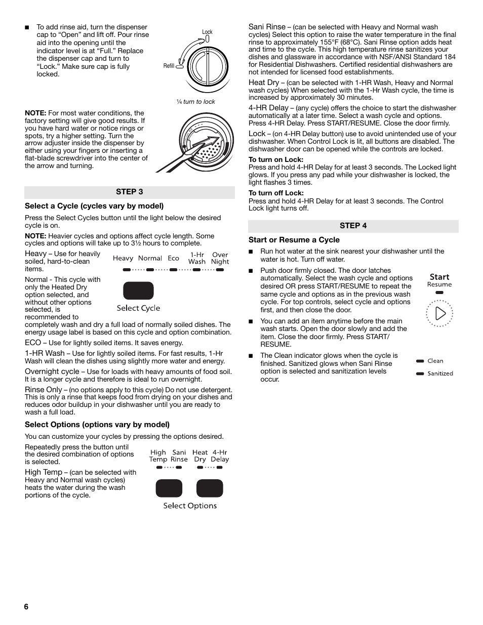 Select a cycle (cycles vary by model), Heavy, Hr wash | Overnight cycle, Rinse only, Select options (options vary by model), High temp, Sani rinse, Heat dry, Hr delay | Whirlpool WDP350PAAB User Manual | Page 6 / 36