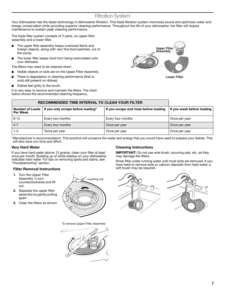 Filtration system, Very hard water, Cleaning instructions | Recommended time interval to clean your filter, Filter removal instructions, Upper filter assembly lower filter | Whirlpool WDP350PAAB User Manual | Page 7 / 36