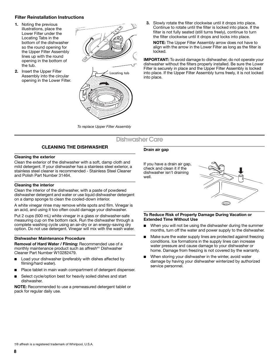 Dishwasher care, Cleaning the dishwasher, Filter reinstallation instructions | Whirlpool WDP350PAAB User Manual | Page 8 / 36