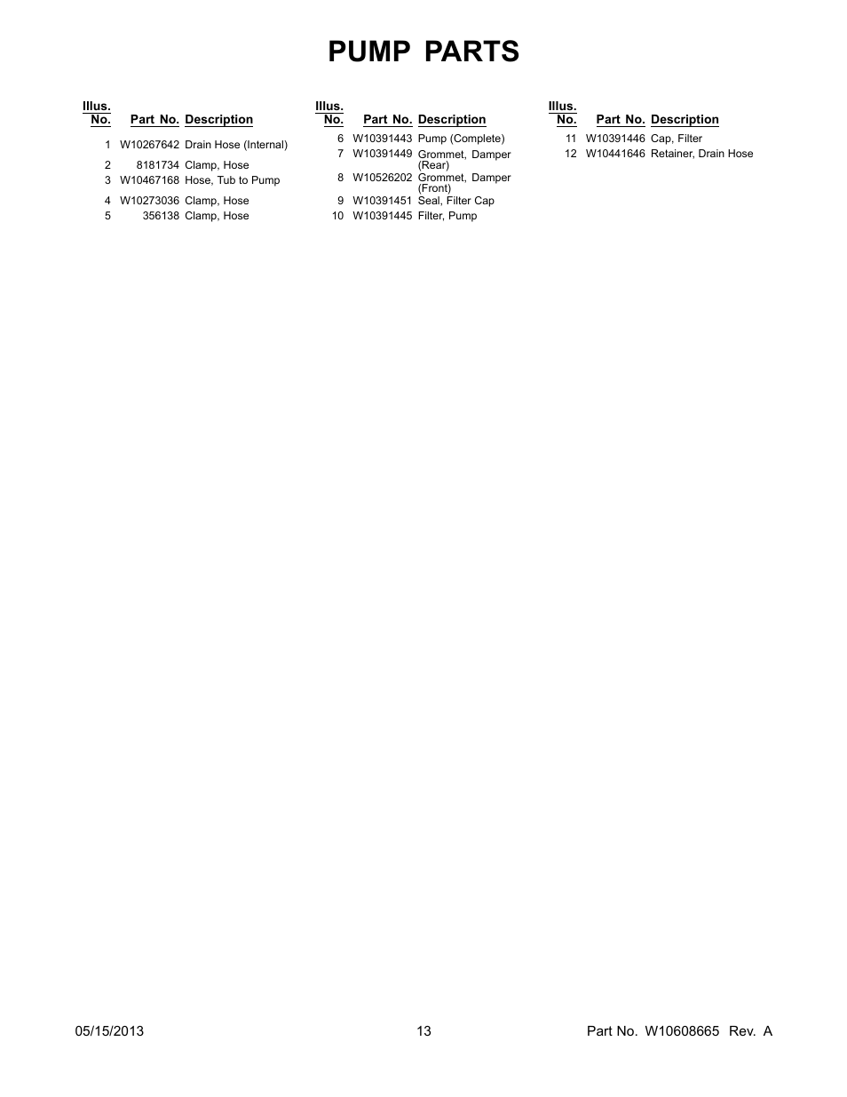Pump parts | Whirlpool WFW80HEBW User Manual | Page 13 / 14