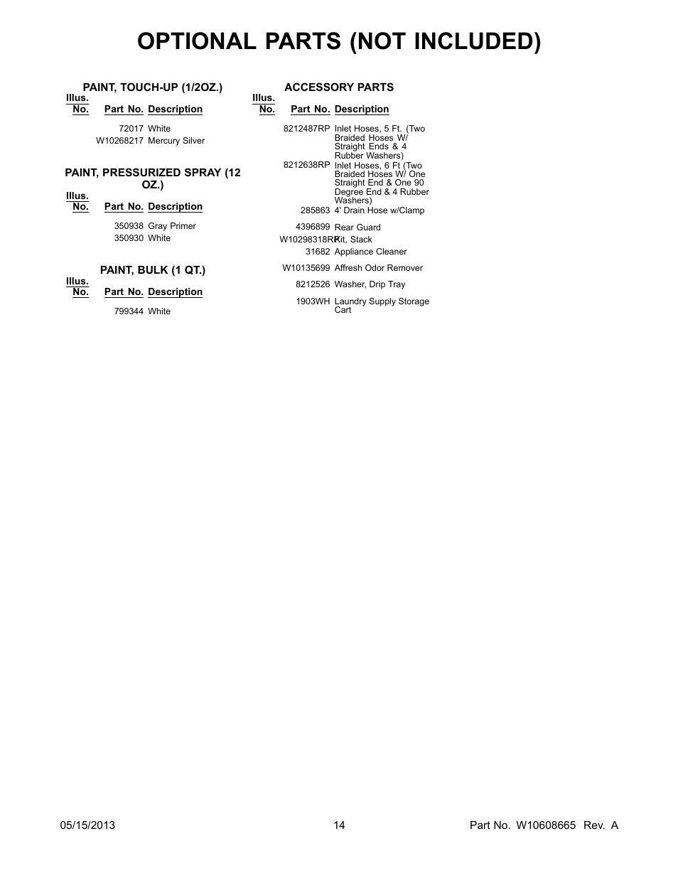 Optional, Optional parts (not included) | Whirlpool WFW80HEBW User Manual | Page 14 / 14
