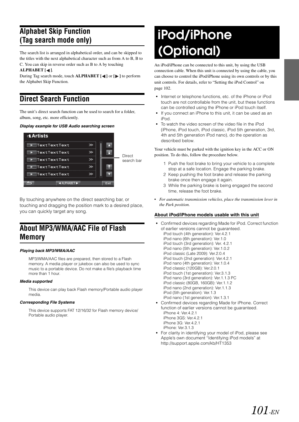 Alphabet skip function (tag search mode only), Direct search function, About mp3/wma/aac file of flash memory | Ipod/iphone (optional), Alphabet skip function, Tag search mode only), About mp3/wma/aac file of, Flash memory | Alpine INA-W910 User Manual | Page 101 / 131