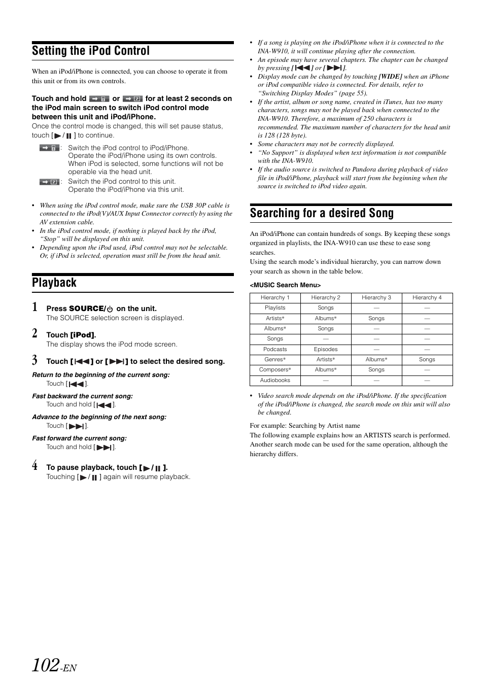 Setting the ipod control, Playback, Searching for a desired song | Alpine INA-W910 User Manual | Page 102 / 131