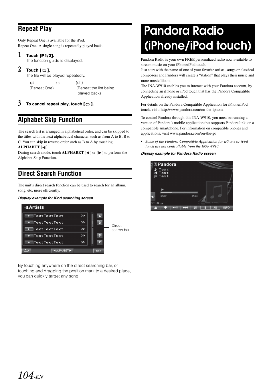 Repeat play, Alphabet skip function, Direct search function | Pandora radio (iphone/ipod touch) | Alpine INA-W910 User Manual | Page 104 / 131
