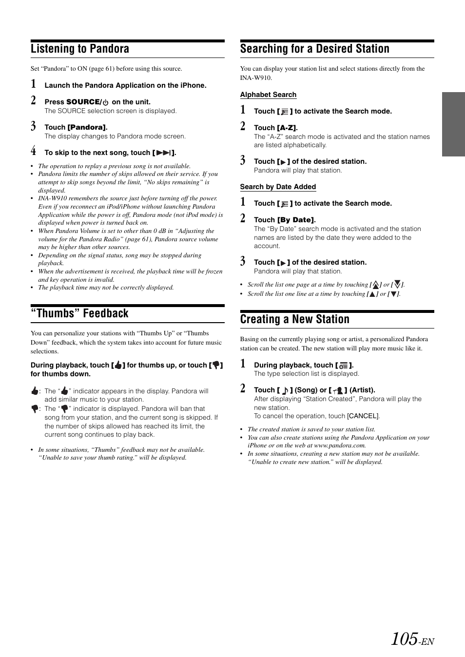 Listening to pandora, Thumbs” feedback, Searching for a desired station | Creating a new station | Alpine INA-W910 User Manual | Page 105 / 131