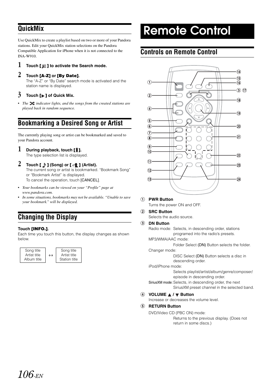 Quickmix, Bookmarking a desired song or artist, Changing the display | Remote control, Controls on remote control | Alpine INA-W910 User Manual | Page 106 / 131