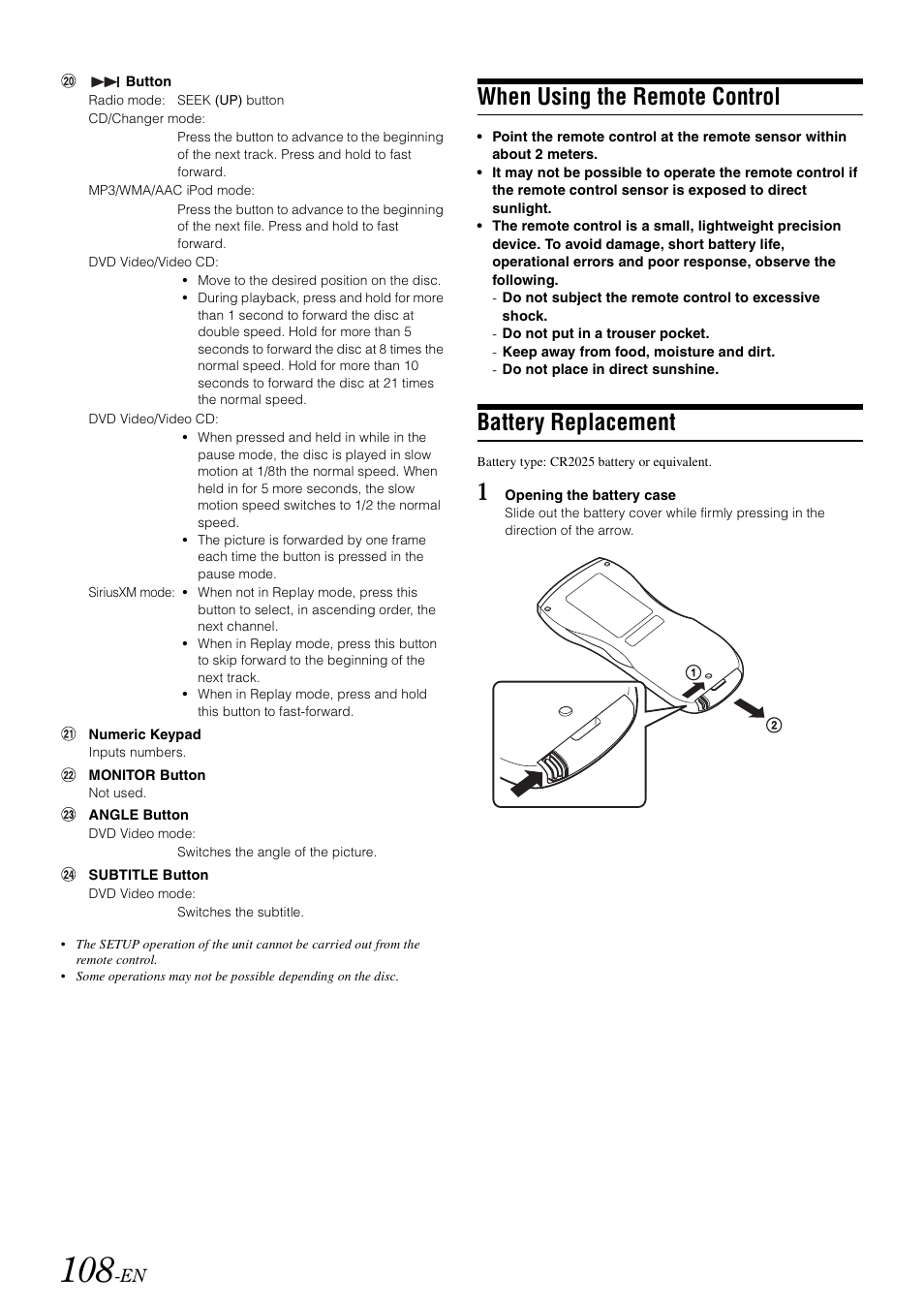 When using the remote control, Battery replacement | Alpine INA-W910 User Manual | Page 108 / 131