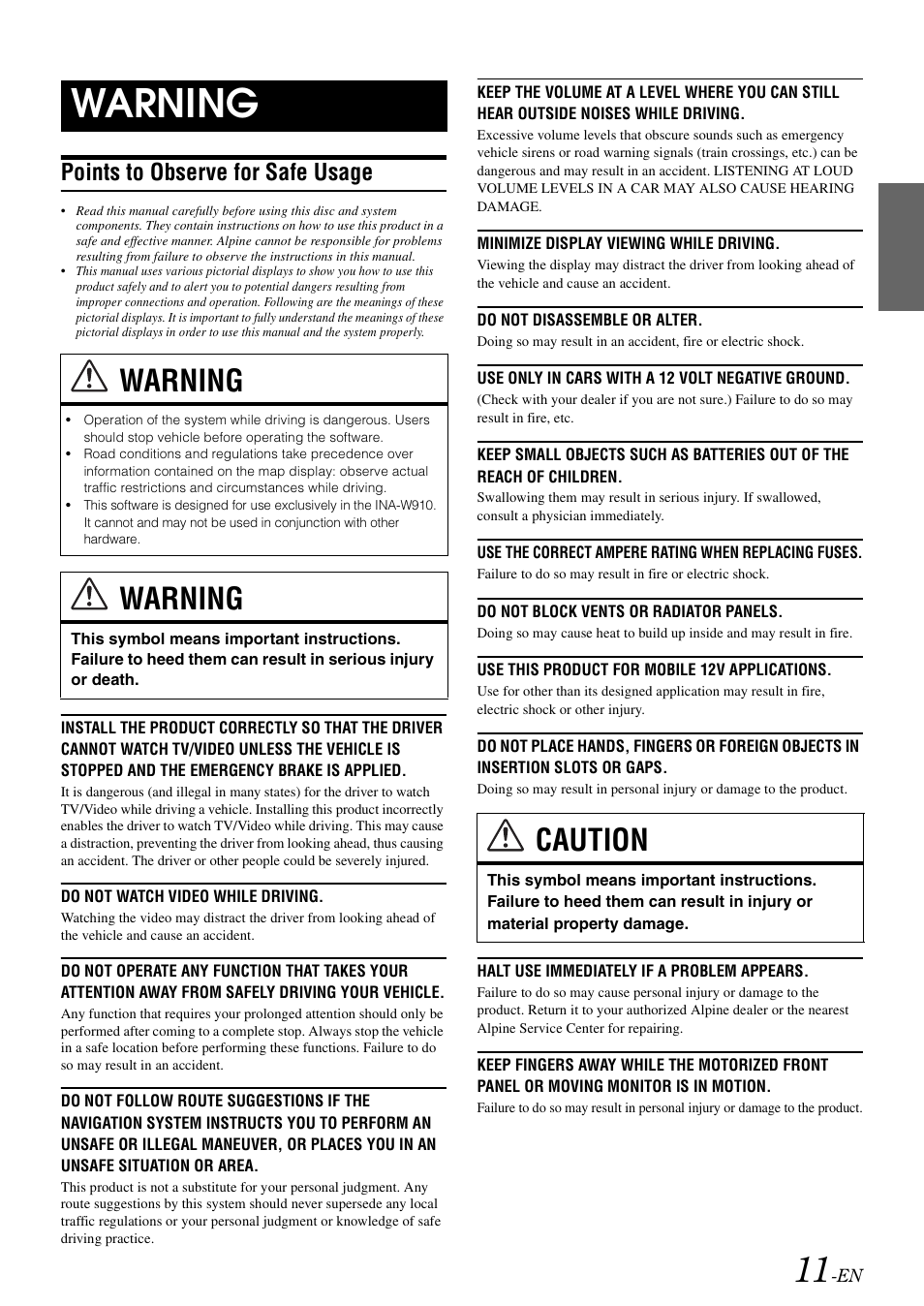 Warning, Points to observe for safe usage, Caution | Points to observe for safe usage warning | Alpine INA-W910 User Manual | Page 11 / 131