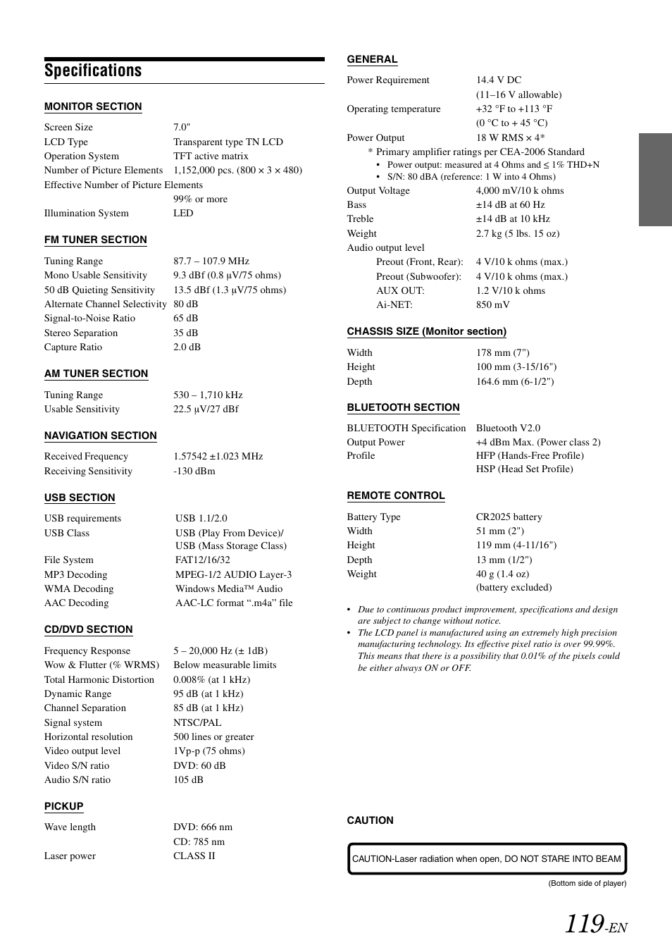 Specifications | Alpine INA-W910 User Manual | Page 119 / 131