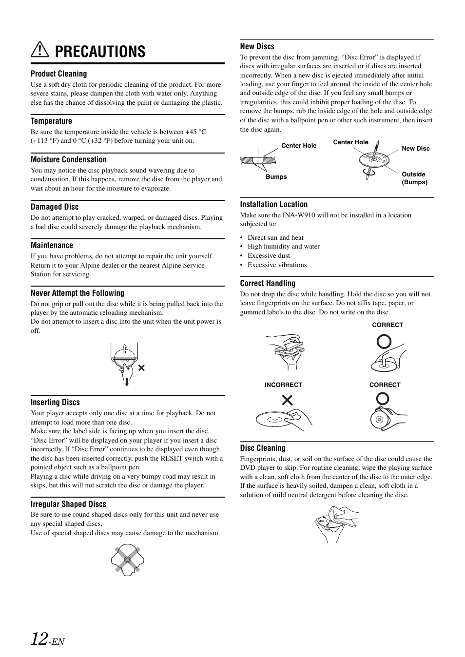 Precautions | Alpine INA-W910 User Manual | Page 12 / 131