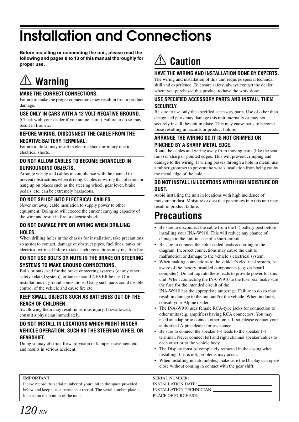 Installation and connections, Warning, Caution | Precautions | Alpine INA-W910 User Manual | Page 120 / 131