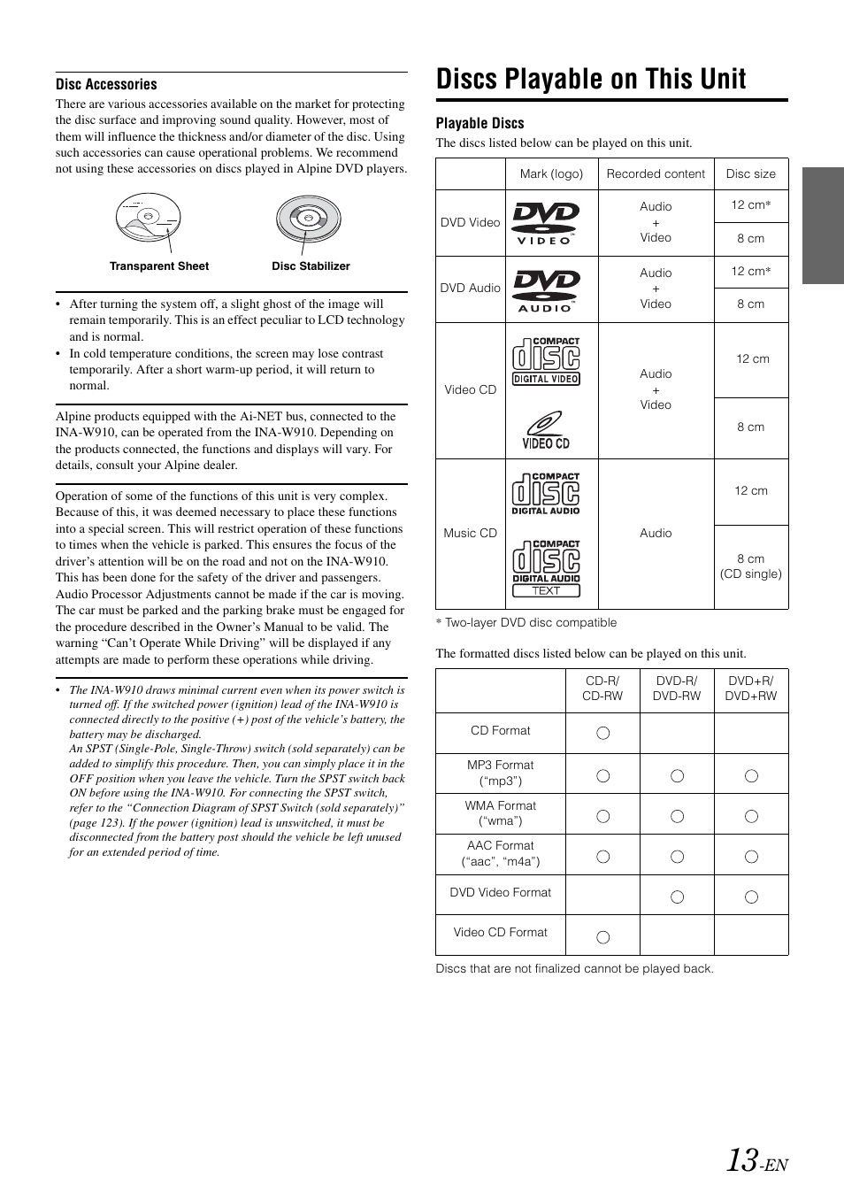 Discs playable on this unit | Alpine INA-W910 User Manual | Page 13 / 131