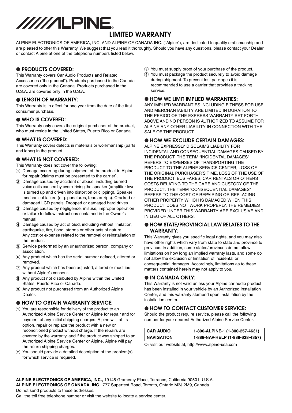 Limited warranty | Alpine INA-W910 User Manual | Page 131 / 131