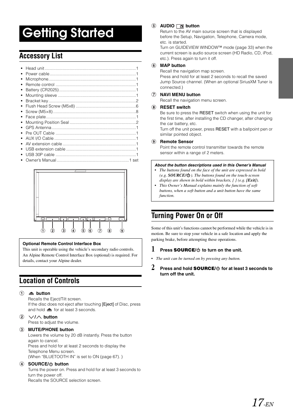 Getting started, Accessory list, Location of controls | Turning power on or off | Alpine INA-W910 User Manual | Page 17 / 131