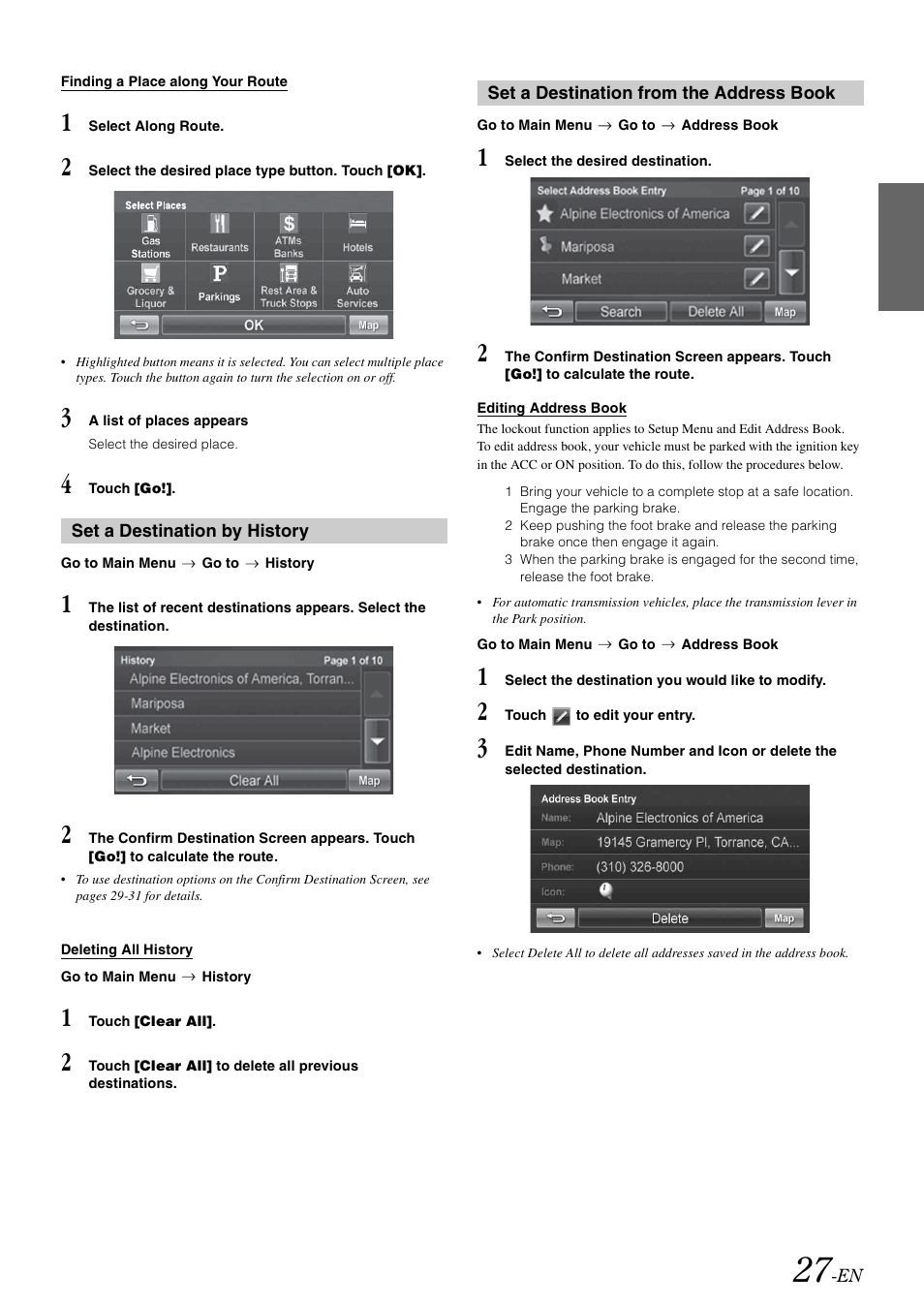 Set a destination by history, Set a destination from the address book, Address book | Alpine INA-W910 User Manual | Page 27 / 131