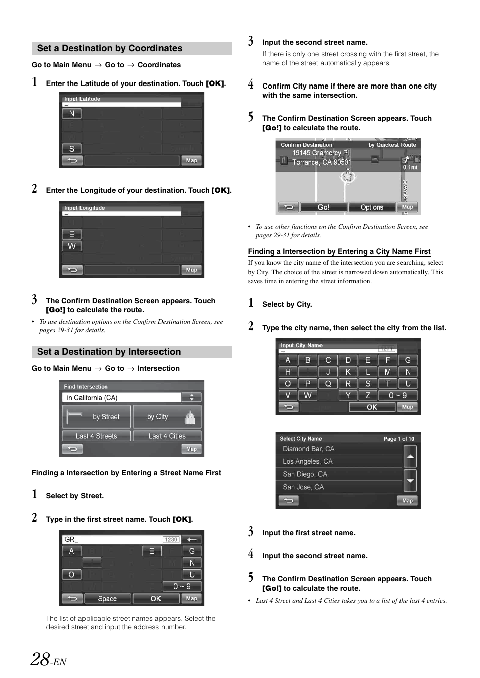 Set a destination by coordinates, Set a destination by intersection | Alpine INA-W910 User Manual | Page 28 / 131