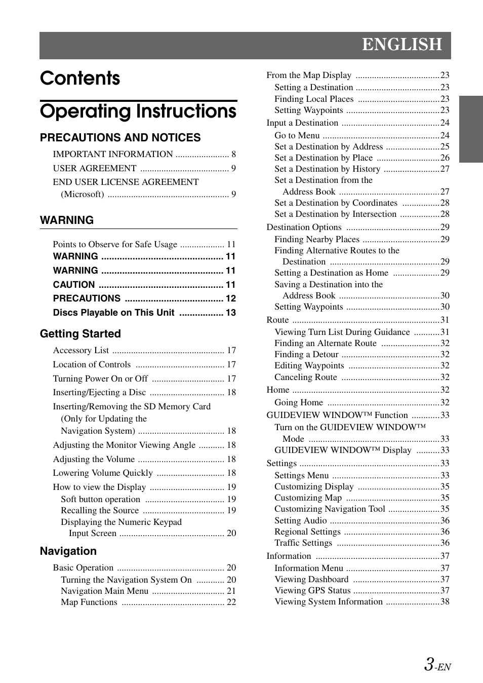 Contents operating instructions, English | Alpine INA-W910 User Manual | Page 3 / 131