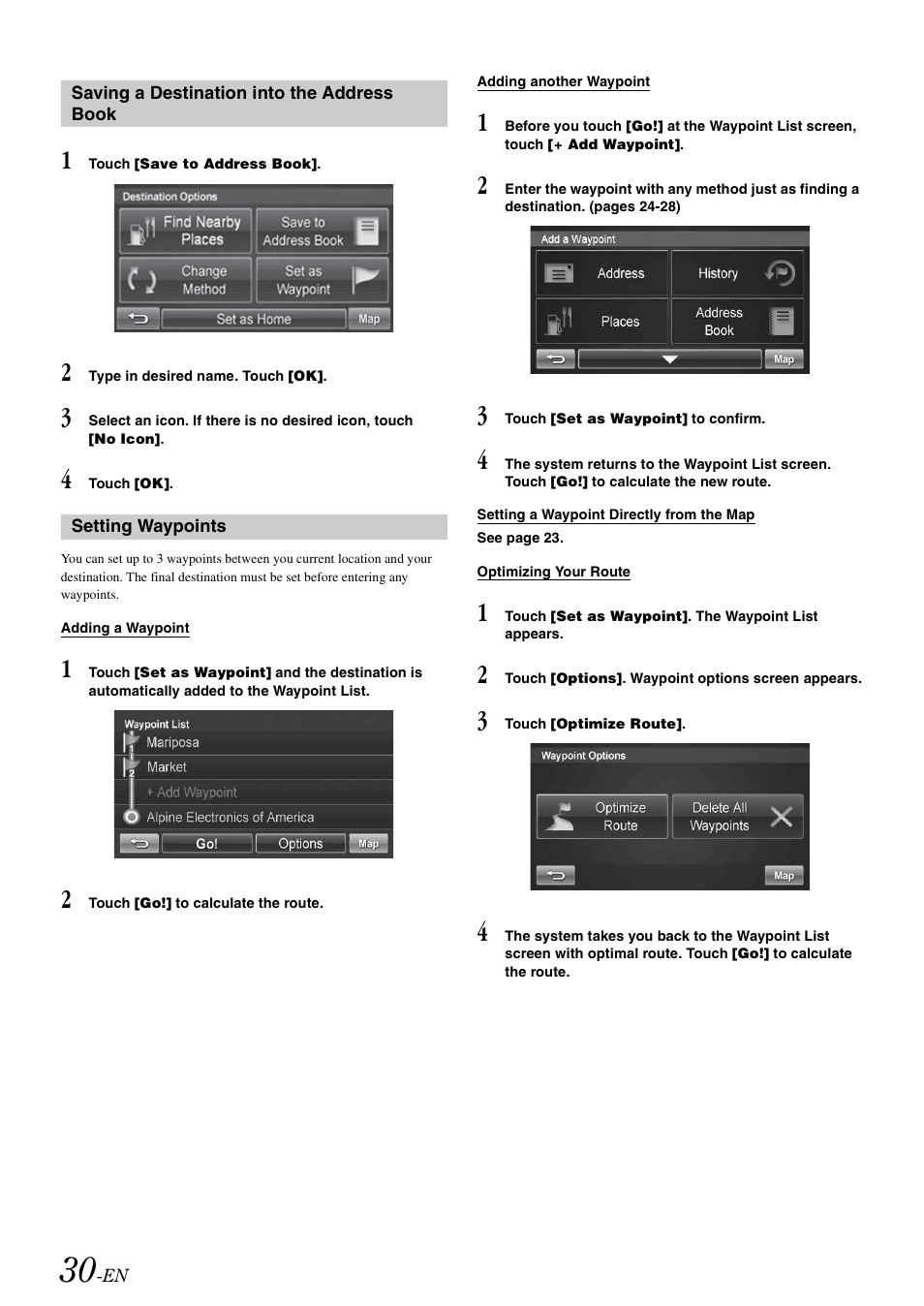Saving a destination into the address book, Setting waypoints, Saving a destination into the | Address book | Alpine INA-W910 User Manual | Page 30 / 131