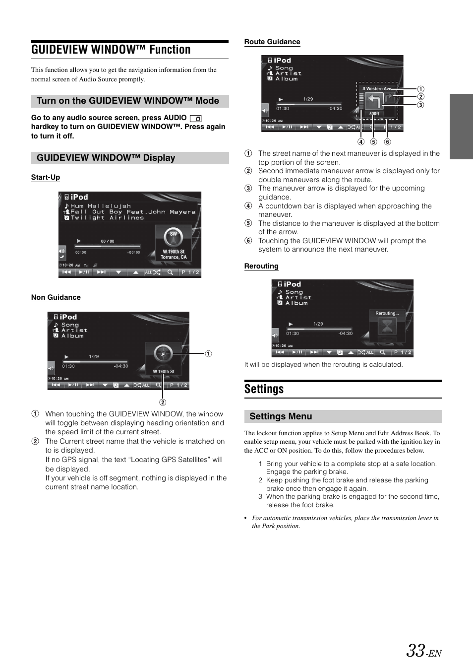 Guideview window™ function, Turn on the guideview window™ mode, Guideview window™ display | Settings, Settings menu, Turn on the guideview window, Mode | Alpine INA-W910 User Manual | Page 33 / 131