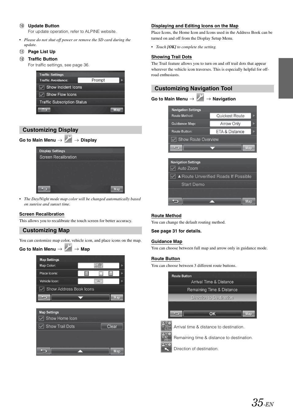 Customizing display, Customizing map, Customizing navigation tool | Alpine INA-W910 User Manual | Page 35 / 131