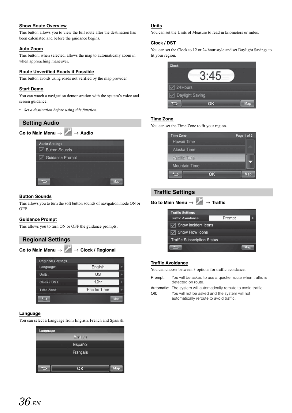 Setting audio, Regional settings, Traffic settings | Setting audio regional settings traffic settings | Alpine INA-W910 User Manual | Page 36 / 131