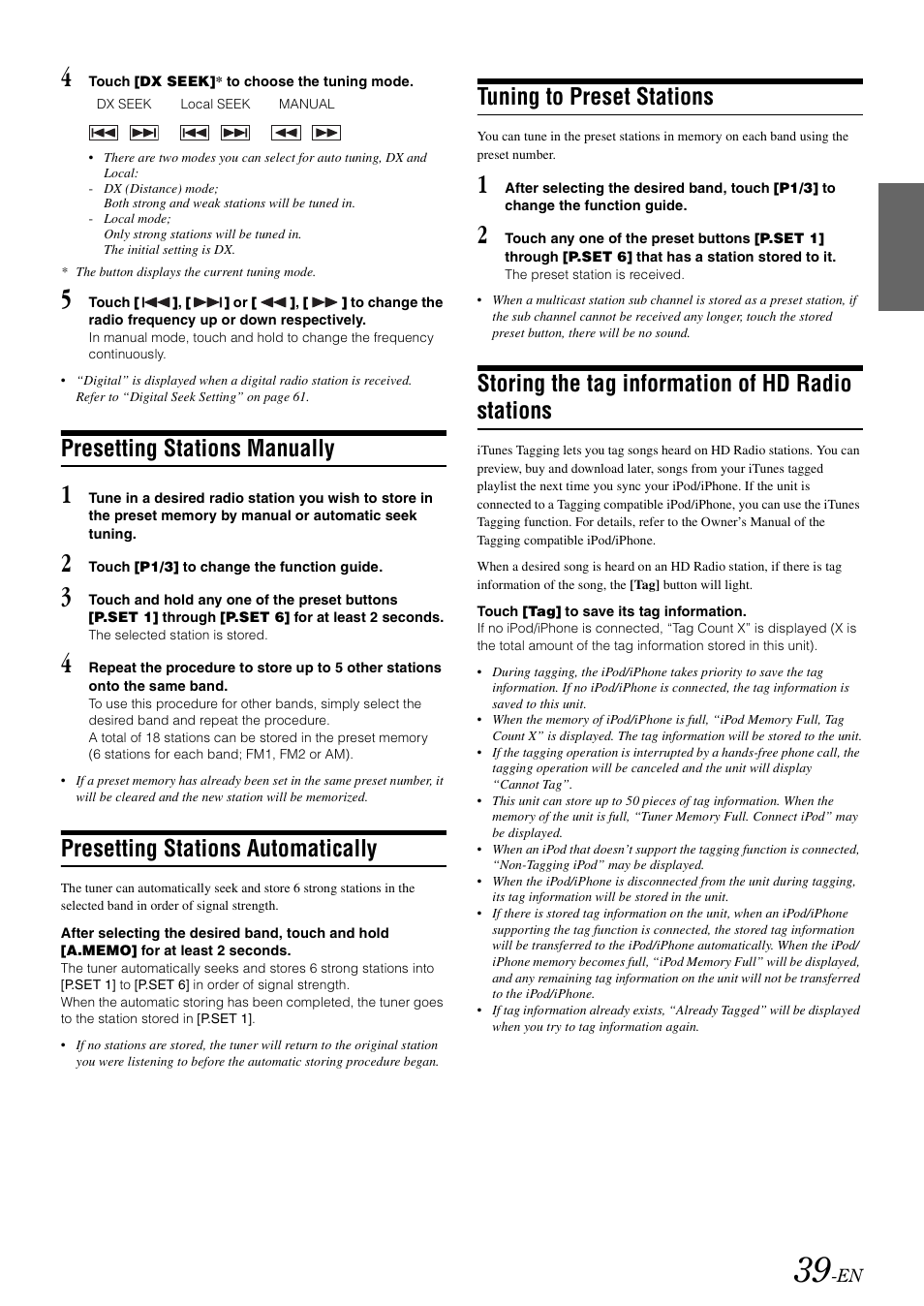 Presetting stations manually, Presetting stations automatically, Tuning to preset stations | Storing the tag information of hd radio stations, Storing the tag information of, Hd radio stations | Alpine INA-W910 User Manual | Page 39 / 131