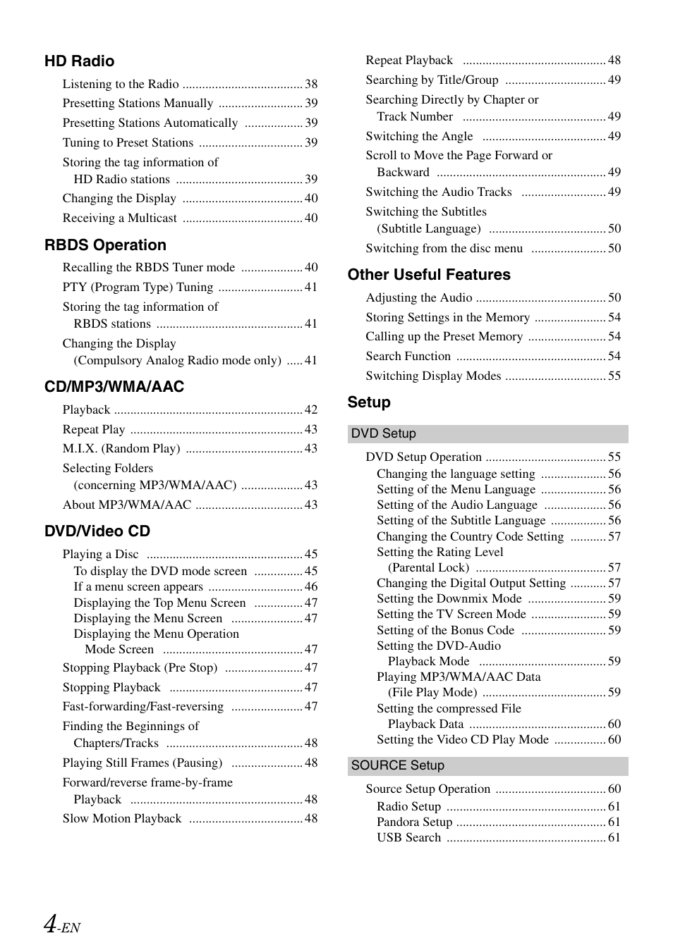 Hd radio, Rbds operation, Cd/mp3/wma/aac | Dvd/video cd, Other useful features, Setup | Alpine INA-W910 User Manual | Page 4 / 131