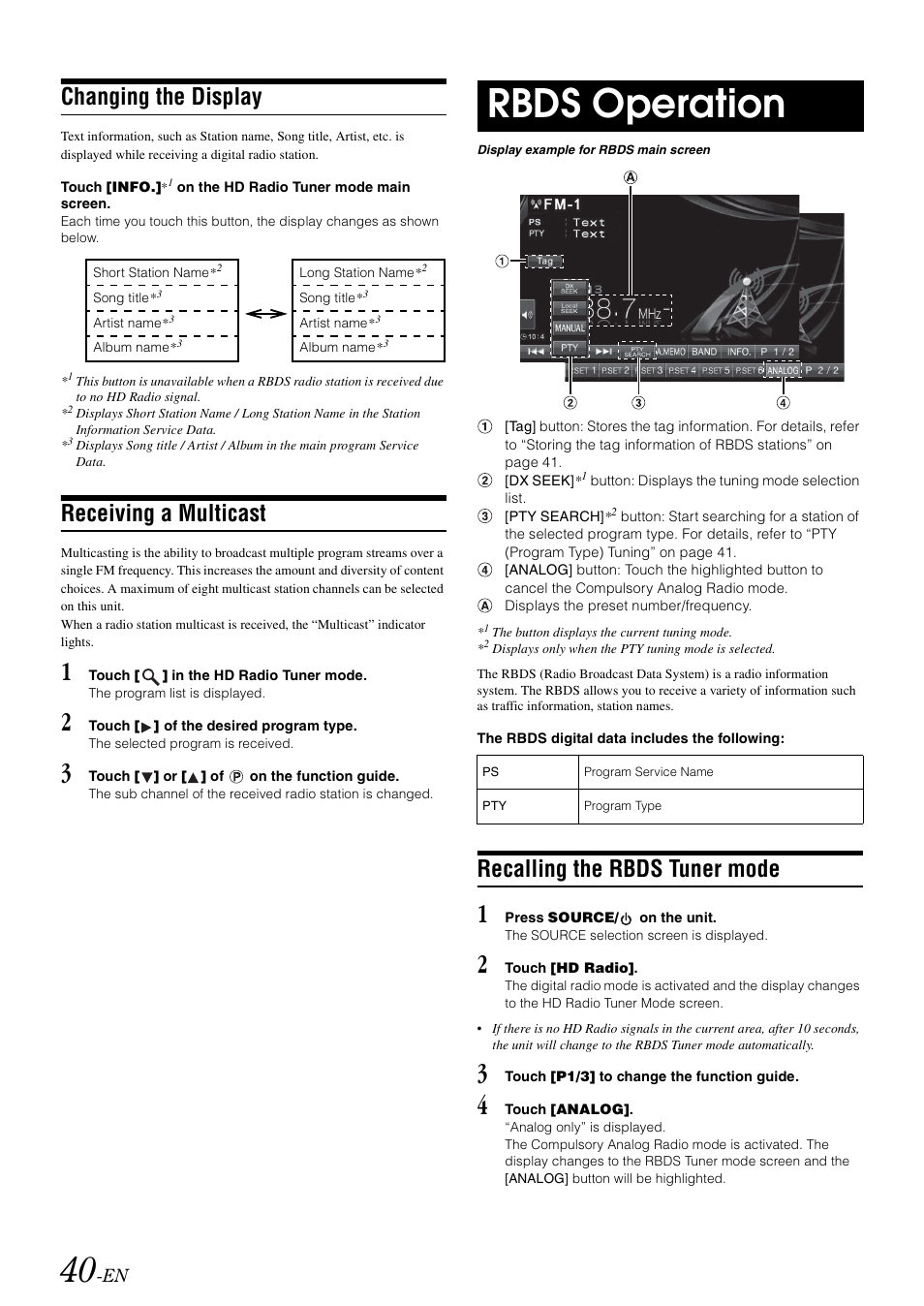 Changing the display, Receiving a multicast, Rbds operation | Recalling the rbds tuner mode | Alpine INA-W910 User Manual | Page 40 / 131