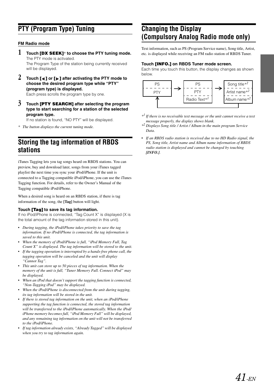 Pty (program type) tuning, Storing the tag information of rbds stations, Storing the tag information of | Rbds stations, Changing the display, Compulsory analog radio mode only) | Alpine INA-W910 User Manual | Page 41 / 131