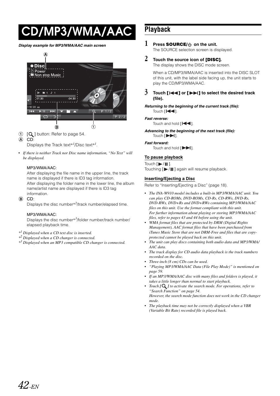 Cd/mp3/wma/aac, Playback | Alpine INA-W910 User Manual | Page 42 / 131