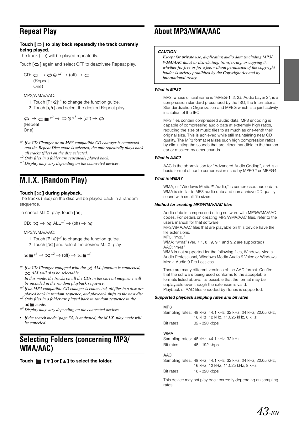Repeat play, M.i.x. (random play), Selecting folders (concerning mp3/wma/aac) | About mp3/wma/aac, Selecting folders, Concerning mp3/wma/aac), Selecting folders (concerning mp3/ wma/aac) | Alpine INA-W910 User Manual | Page 43 / 131
