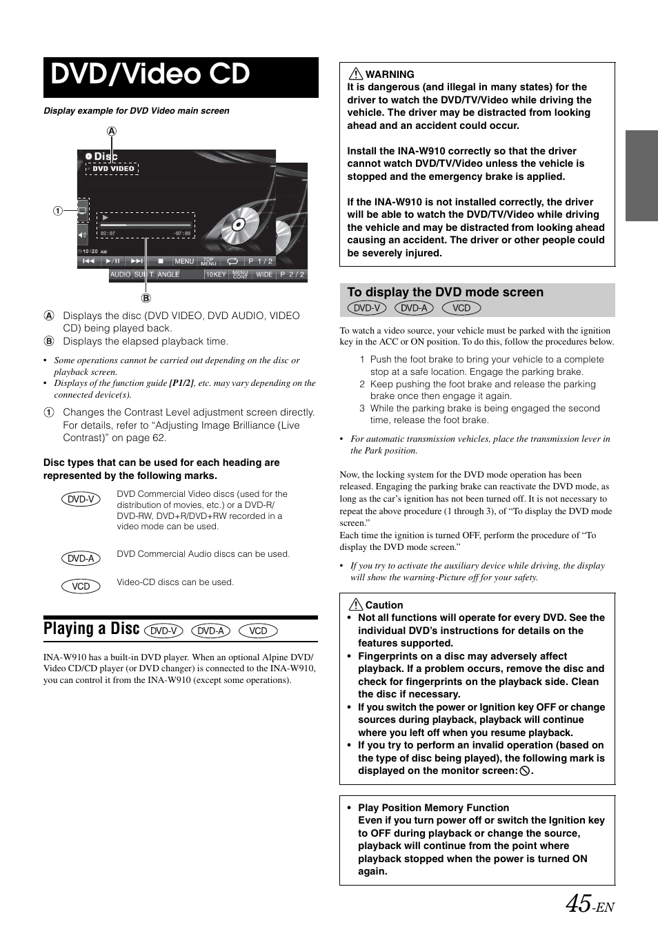 Dvd/video cd, Playing a disc, To display the dvd mode screen | Alpine INA-W910 User Manual | Page 45 / 131