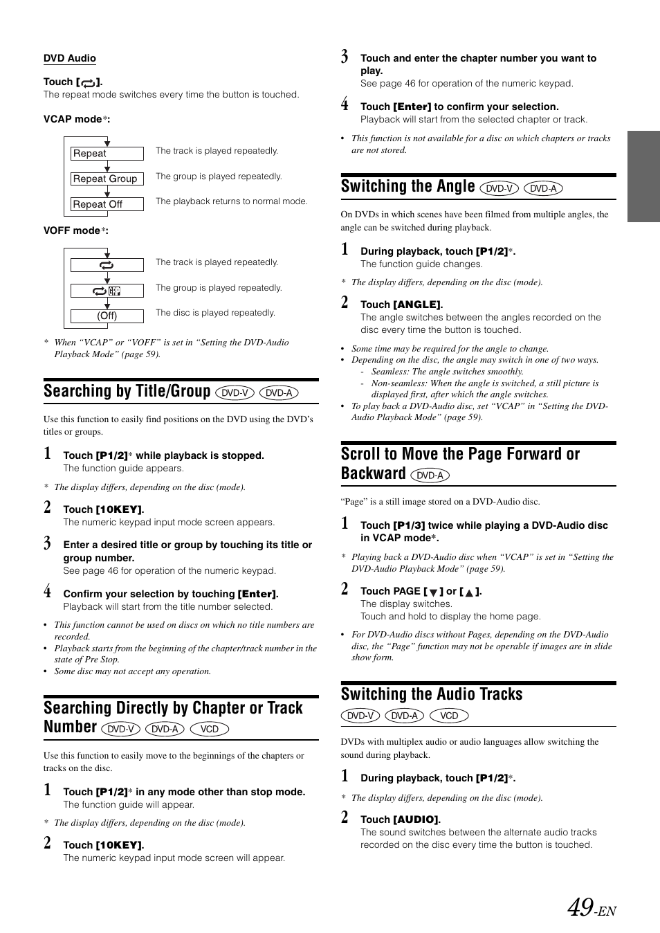 Searching by title/group, Searching directly by chapter or track number, Switching the angle | Switching the audio tracks, Searching directly by chapter or, Track number, Backward, Scroll to move the page forward or backward | Alpine INA-W910 User Manual | Page 49 / 131