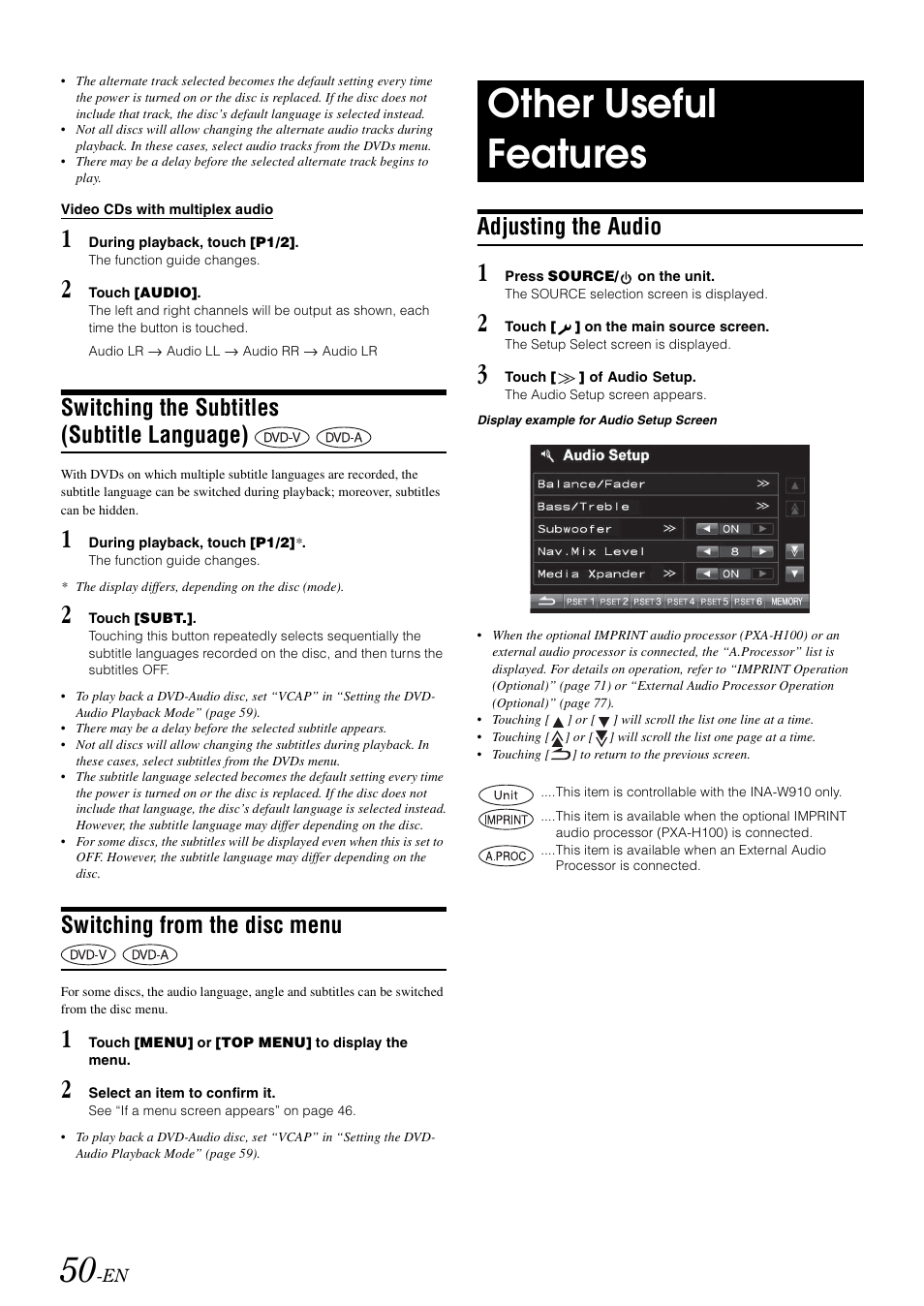 Switching the subtitles (subtitle language), Switching from the disc menu, Other useful features | Adjusting the audio, Switching the subtitles, Subtitle language) | Alpine INA-W910 User Manual | Page 50 / 131