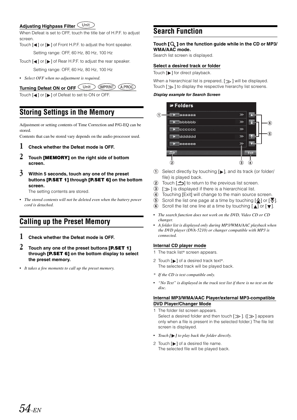Storing settings in the memory, Calling up the preset memory, Search function | Alpine INA-W910 User Manual | Page 54 / 131