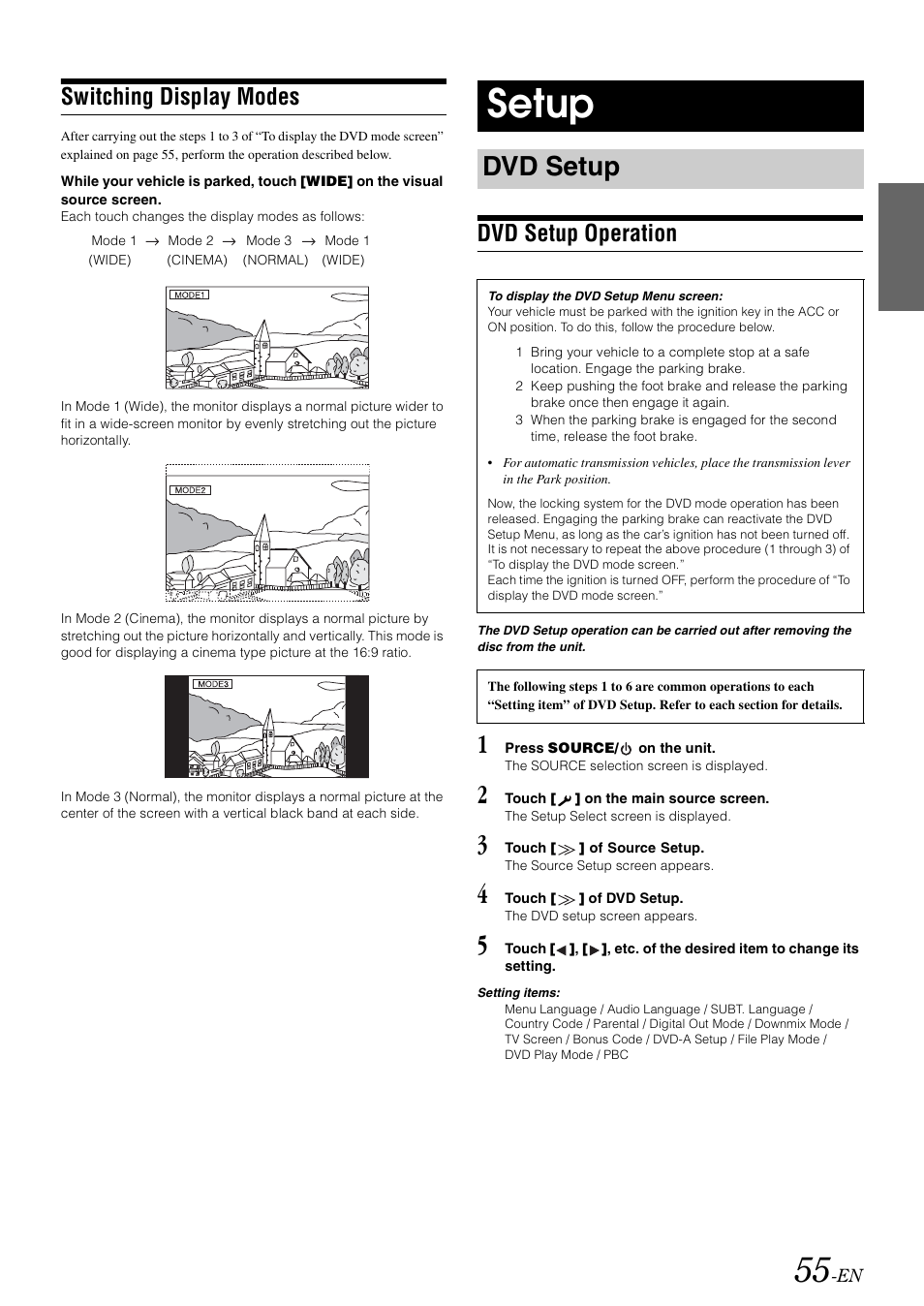 Switching display modes, Setup, Dvd setup | Dvd setup operation | Alpine INA-W910 User Manual | Page 55 / 131