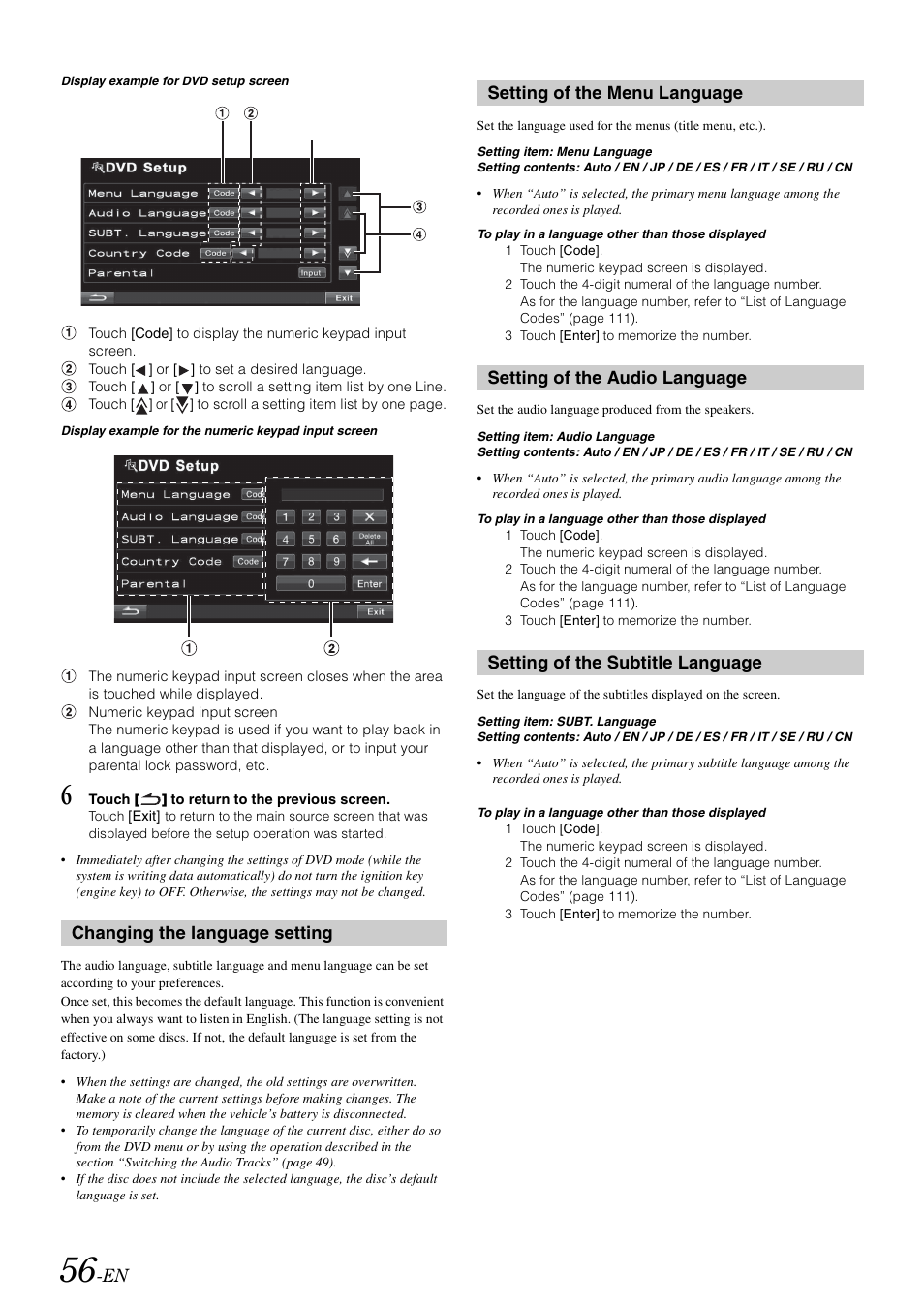 Changing the language setting, Setting of the menu language, Setting of the audio language | Setting of the subtitle language | Alpine INA-W910 User Manual | Page 56 / 131