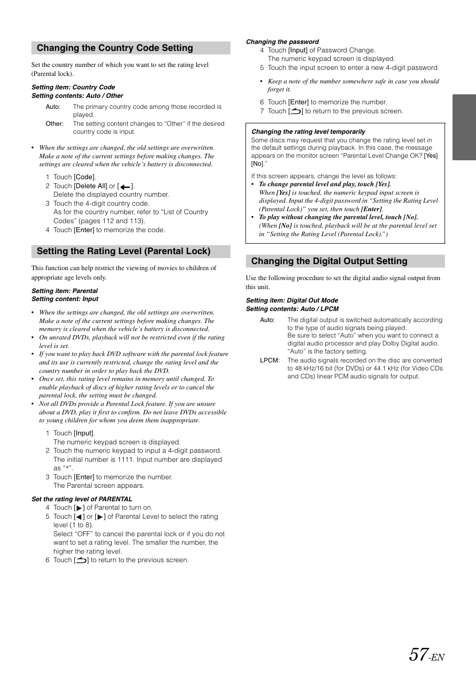 Changing the country code setting, Setting the rating level (parental lock), Changing the digital output setting | Parental lock) | Alpine INA-W910 User Manual | Page 57 / 131