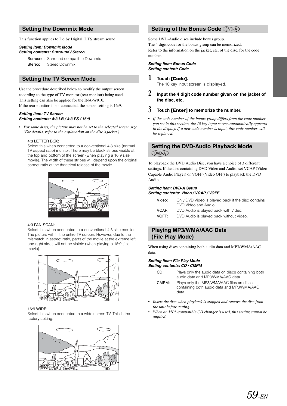 Setting the downmix mode, Setting the tv screen mode, Setting of the bonus code | Setting the dvd-audio playback mode, Playing mp3/wma/aac data (file play mode), Playback mode, Playing mp3/wma/aac data, File play mode), Setting the dvd, Setting the dvd-audio | Alpine INA-W910 User Manual | Page 59 / 131
