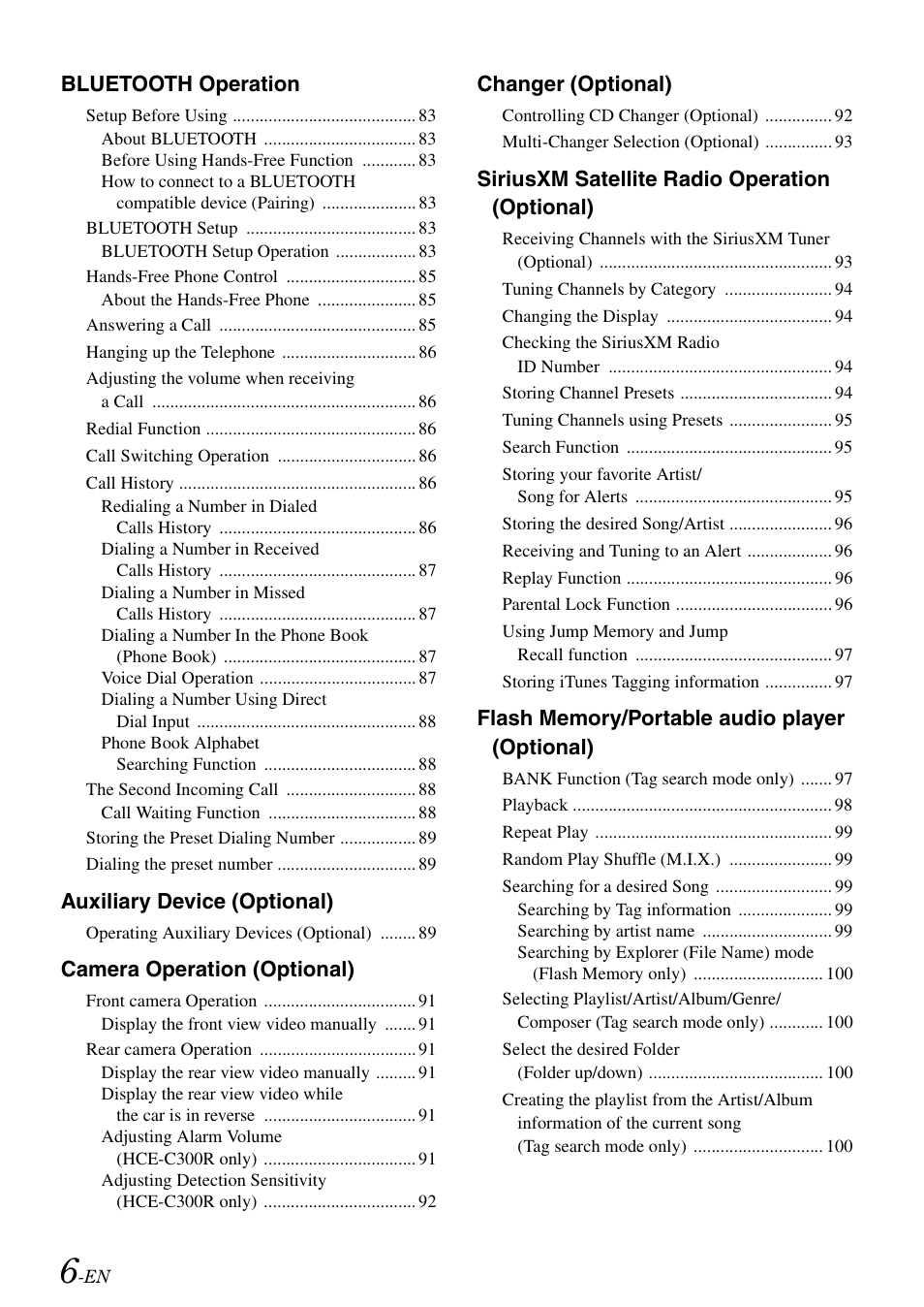 Bluetooth operation, Auxiliary device (optional), Camera operation (optional) | Changer (optional), Siriusxm satellite radio operation (optional) | Alpine INA-W910 User Manual | Page 6 / 131