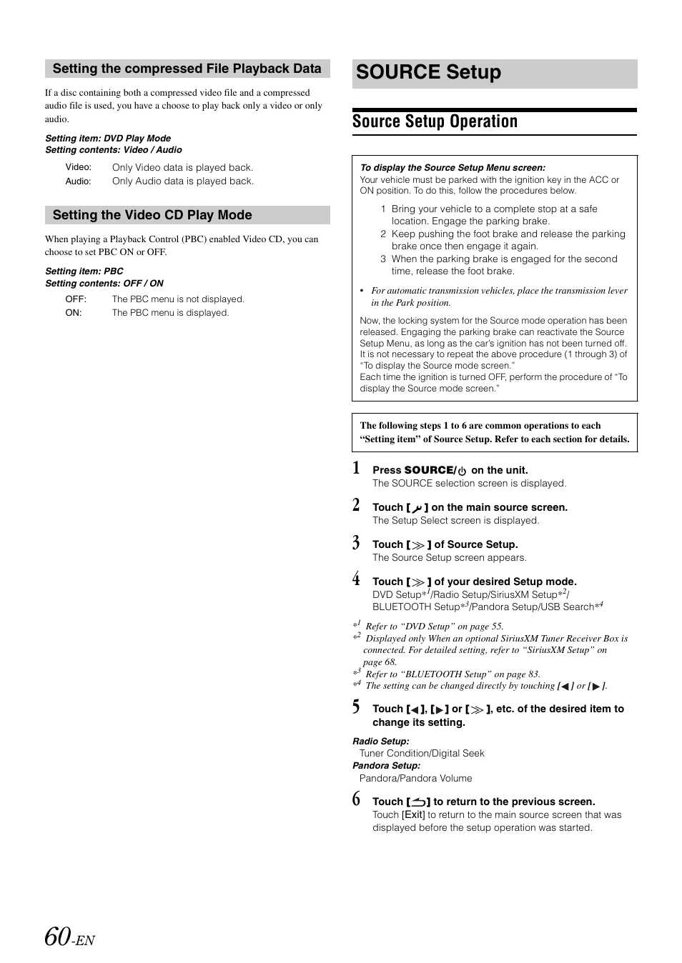 Setting the compressed file playback data, Setting the video cd play mode, Source setup | Source setup operation, Setting the compressed file, Playback data | Alpine INA-W910 User Manual | Page 60 / 131