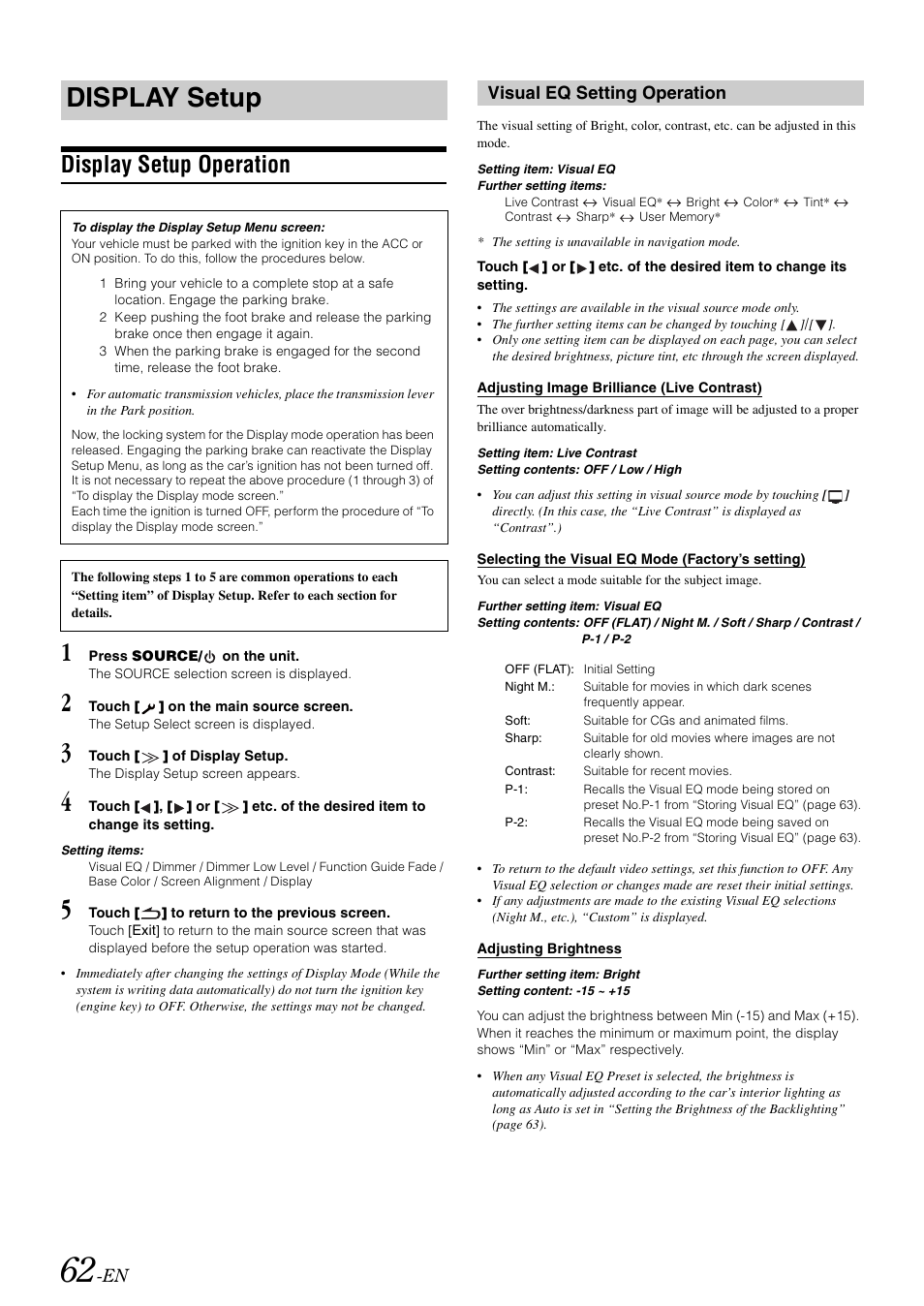 Display setup, Display setup operation, Visual eq setting operation | Alpine INA-W910 User Manual | Page 62 / 131