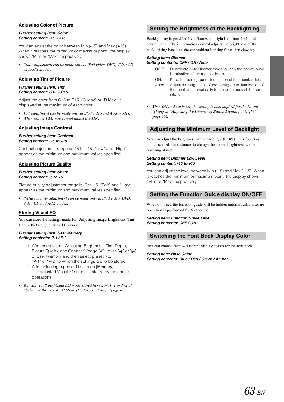 Setting the brightness of the backlighting, Adjusting the minimum level of backlight, Setting the function guide display on/off | Switching the font back display color, Setting the brightness of the, Backlighting, Adjusting the minimum level of, Backlight, Setting the function guide display, On/off | Alpine INA-W910 User Manual | Page 63 / 131