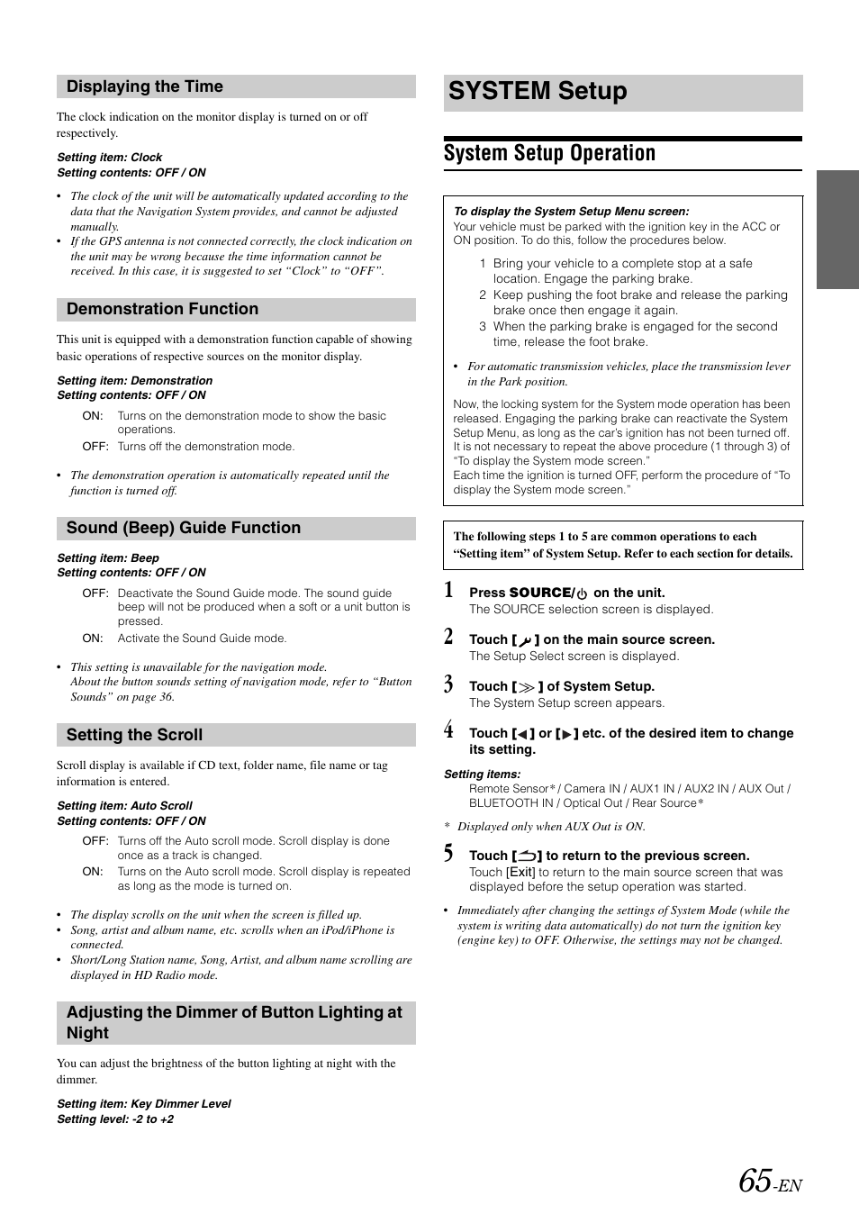 Displaying the time, Demonstration function, Sound (beep) guide function | Setting the scroll, Adjusting the dimmer of button lighting at night, System setup, System setup operation, At night, Displaying the time demonstration function | Alpine INA-W910 User Manual | Page 65 / 131