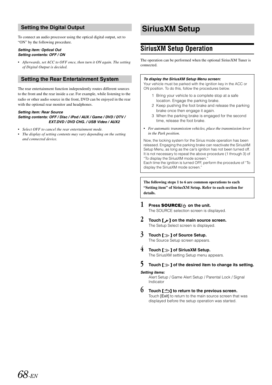 Setting the digital output, Setting the rear entertainment system, Siriusxm setup | Siriusxm setup operation | Alpine INA-W910 User Manual | Page 68 / 131